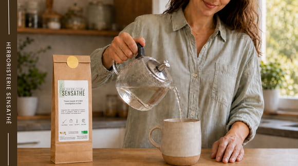 Préparation d’une tisane Sensathé contre la constipation pour accompagner le transit et le réflexe gastro-colique - Herboristerie Sensathé